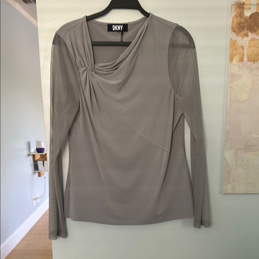 DKNY Gray Asymmetrical Ruched Long Sleeve Blouse